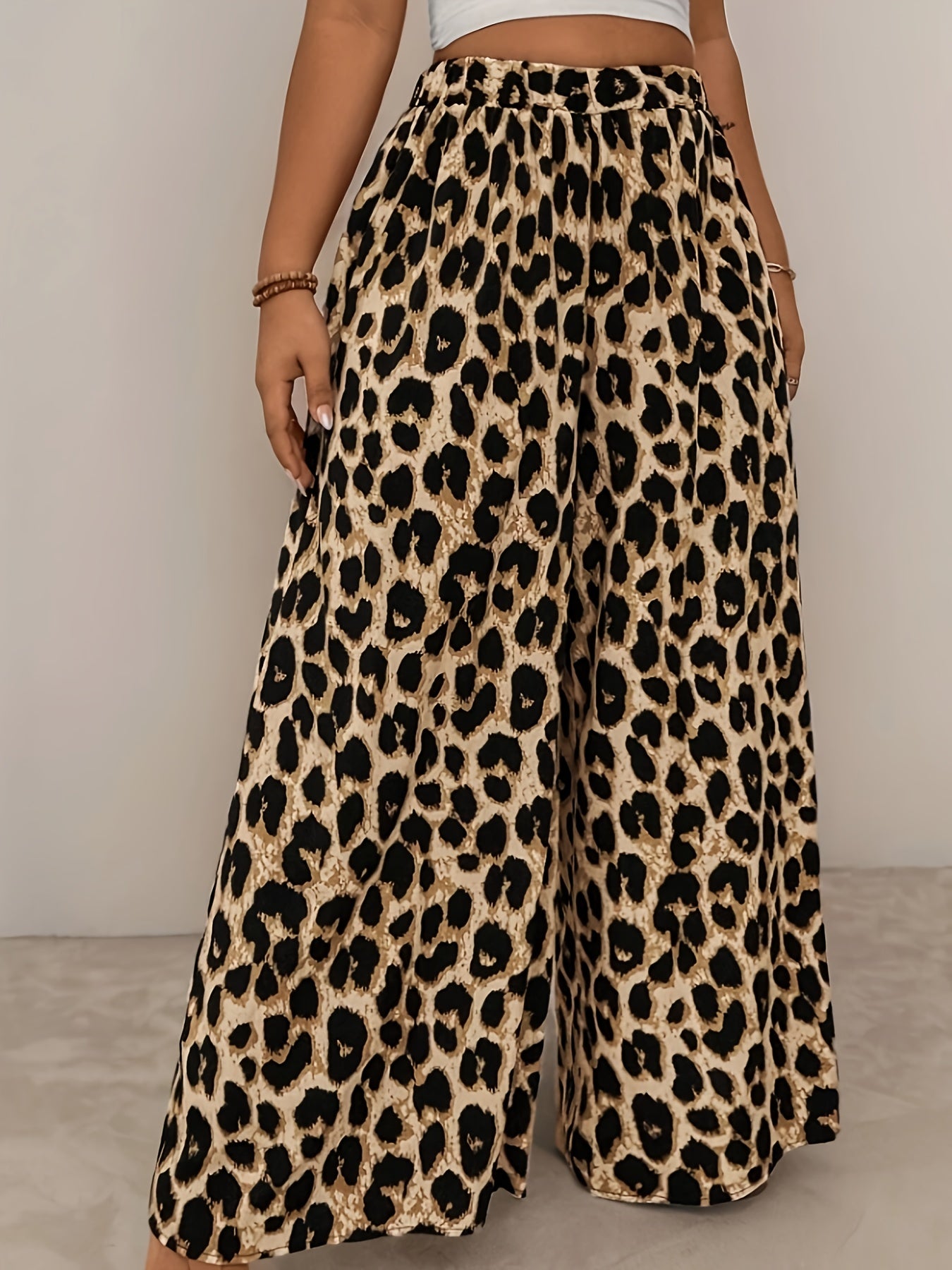 Pantalones anchos de leopardo de talla grande para mujer, de tela no elástica, para primavera y verano