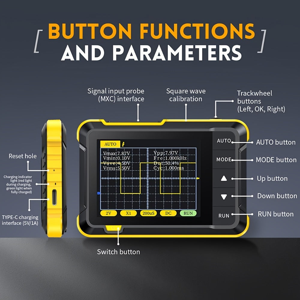 Handheld Mini Oscilloscope with Current and Voltage Measurement 200KHz Bandwidth 2.5MS/s Sample Rate