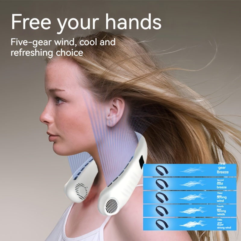 Portable bladeless neck fan with USB charging 5-speed digital display cooler for travel and camping lightweight ergonomic design