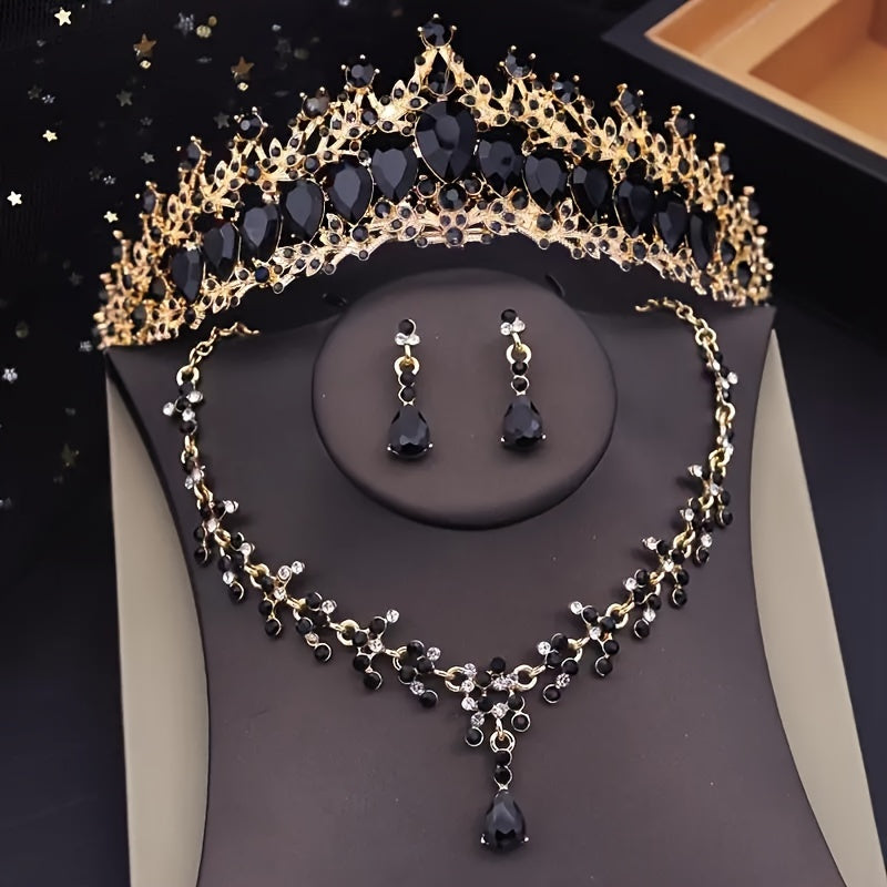 Set of 3 Bridal Rhinestone Crown Jewelry Tiara Necklace Earrings Wedding Accessories