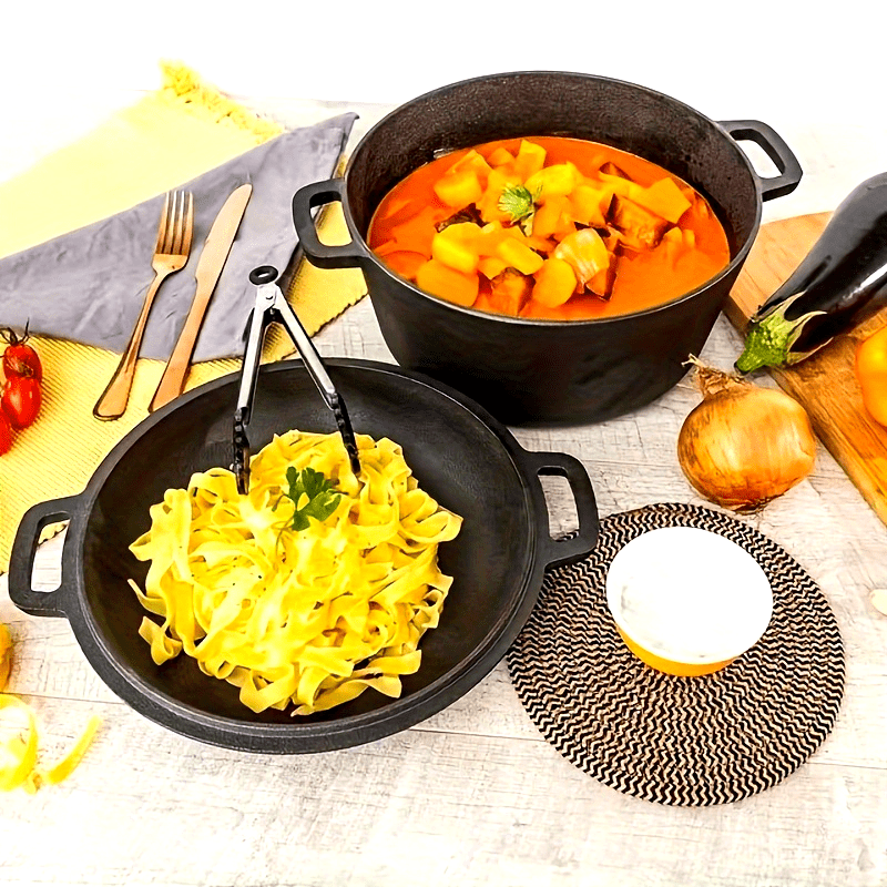 Cast Iron Cookware Set with Frying Pan Stew Pot and Bag Pot for Outdoor and Kitchen Use