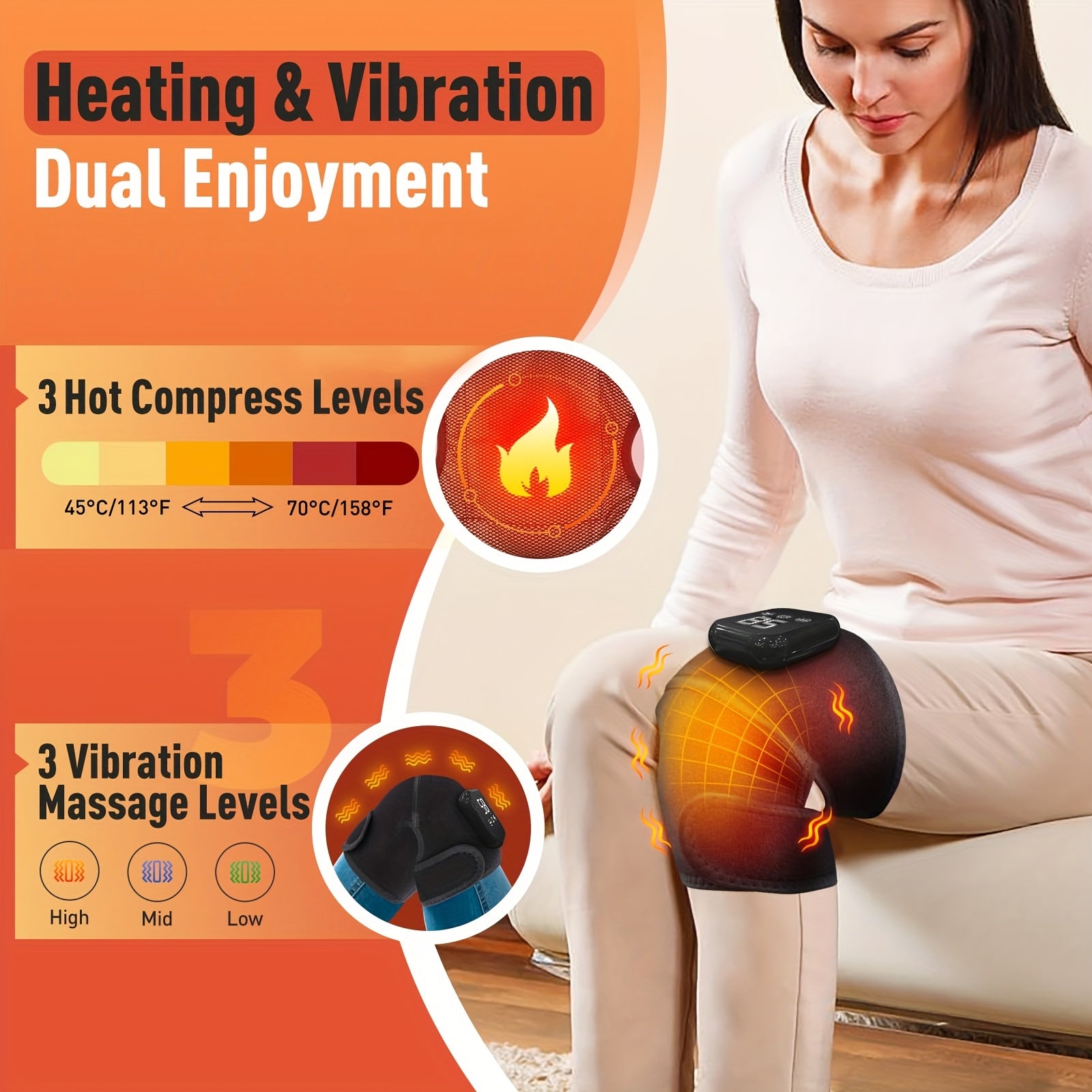 Cordless Heating and Vibrating Massager for Knees Elbows Shoulders with 3 Heat Levels