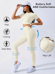 Women's Yoga Set Short Sleeve Crop Top High Waist Solid Color Activewear