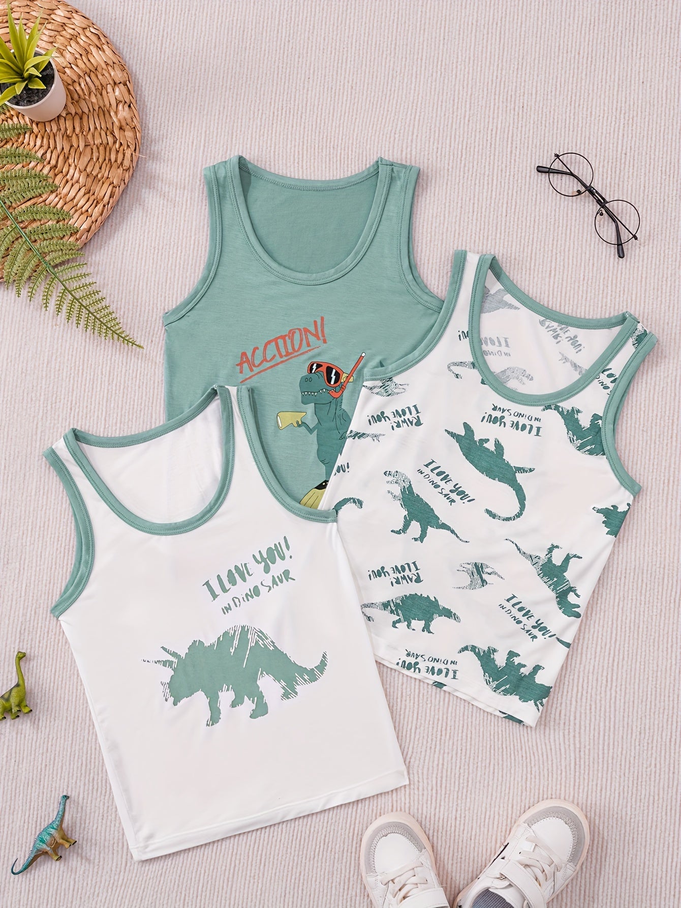 Children's Green Dinosaur Print Vest for Boys Breathable Cotton Skin-Friendly Resistant to Pilling Fading
