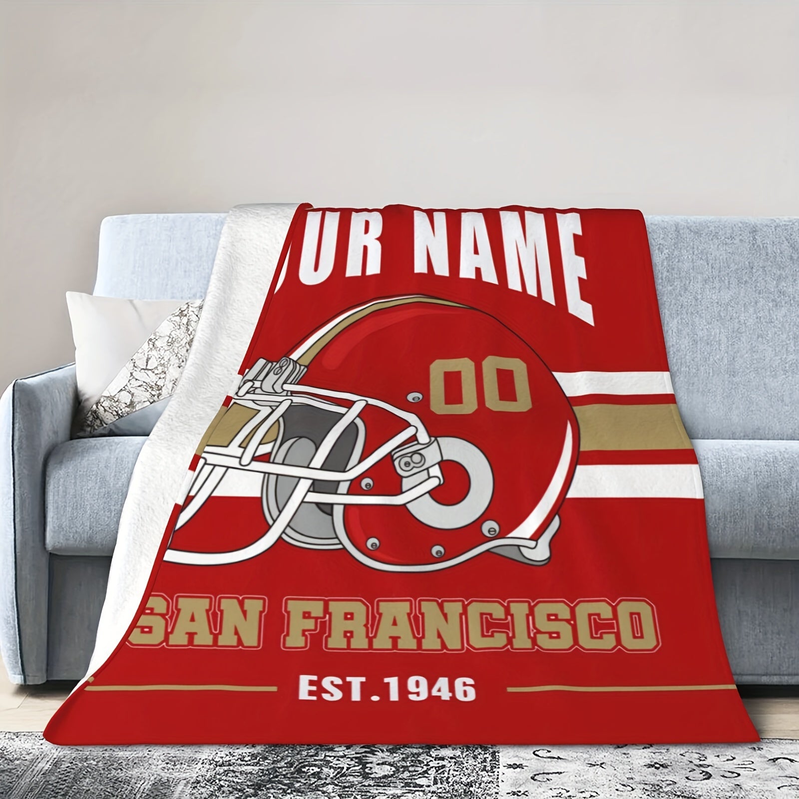Personalized San Francisco Football Blanket Custom Name Throw for Bed Sofa Cozy Flannel
