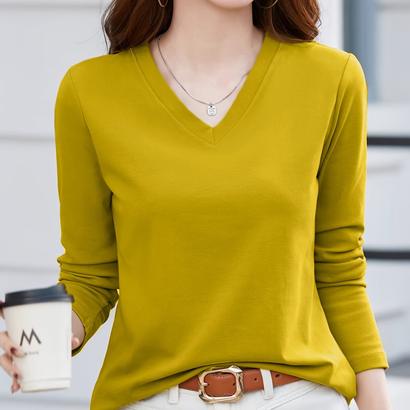 Women's Solid Color V-Neck Casual Top Polyester Spring Summer Mid Elasticity