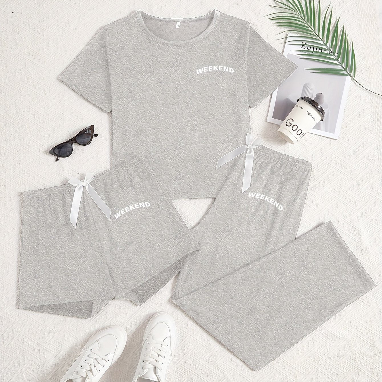 Women's Letter Print Casual Pajama Set Short Sleeve Top Shorts Pants All-Season