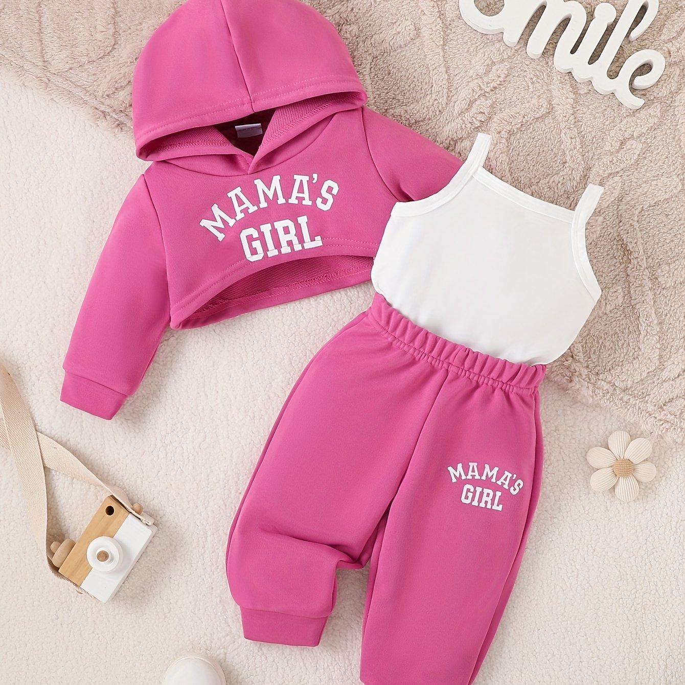 Girls Baby Casual Letter Print 3-Piece Outfit Hoodie Cami Pants Fall Winter