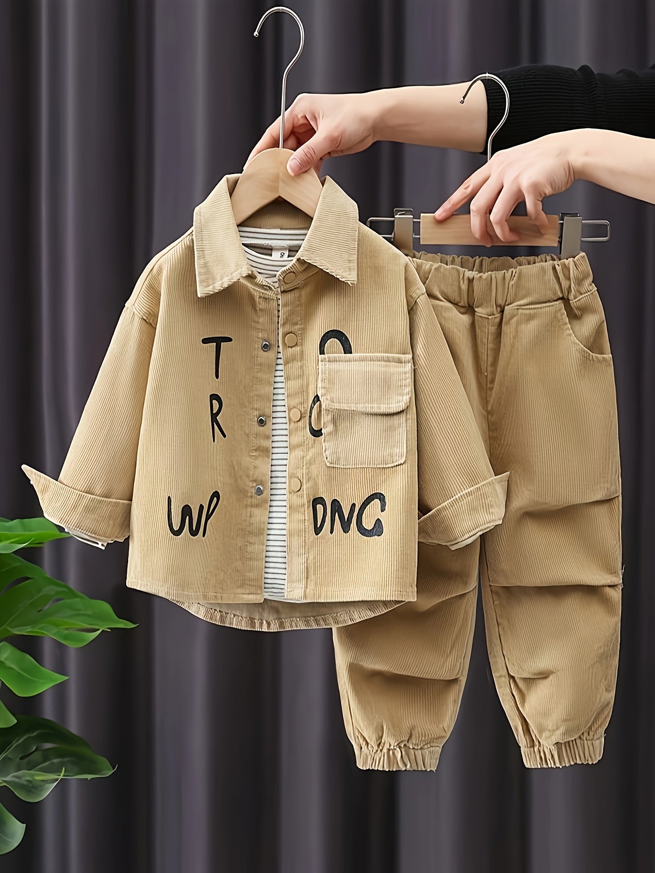 Boys' Spring and Autumn Suit with Letter Print and Corduroy Jacket for Outdoor Activities