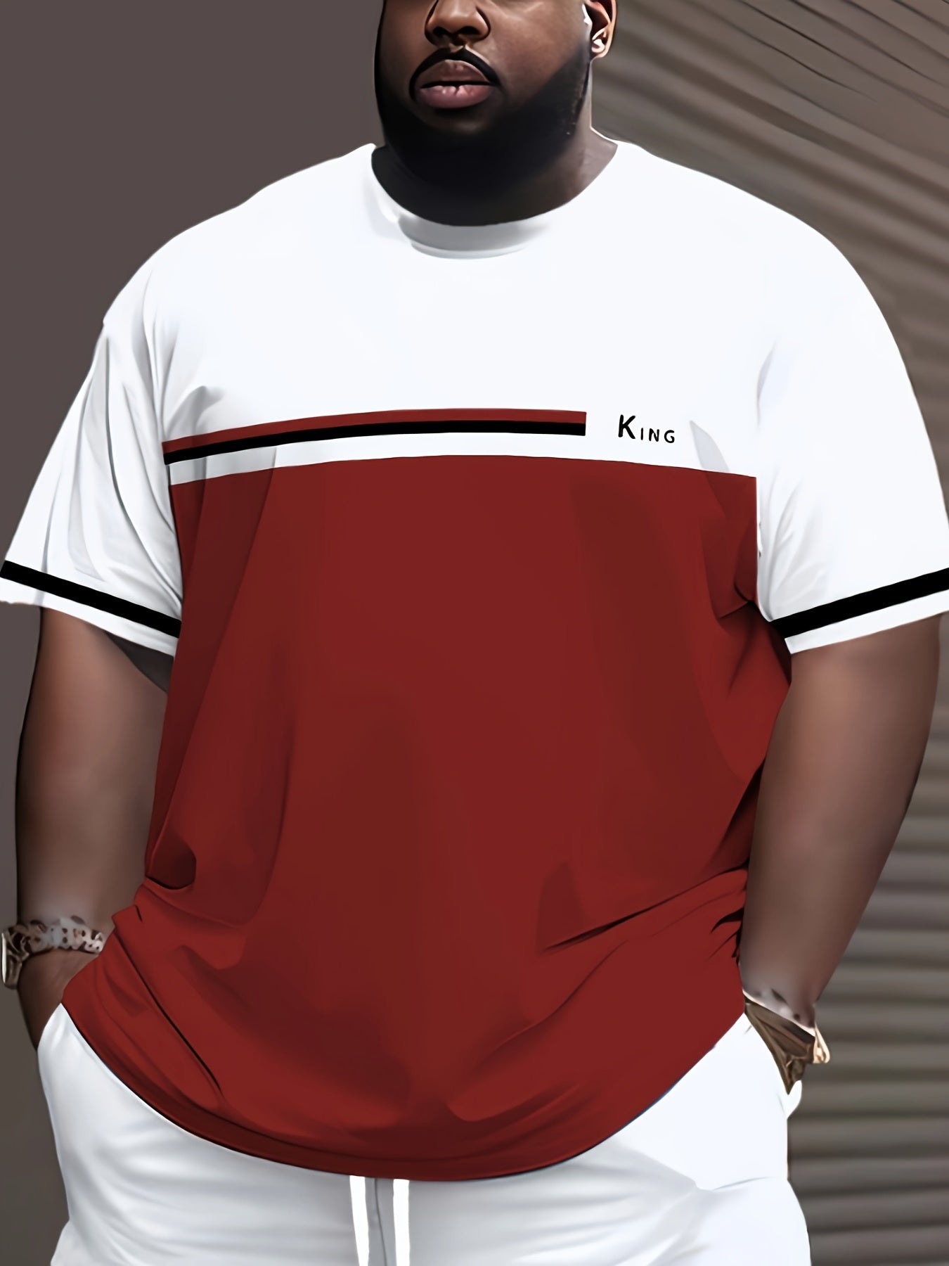 Футболка из полиэстера с коротким рукавом и цветными блоками для мужчин plus size