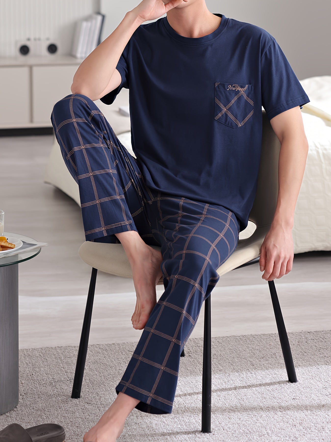 Men's Plus Size Cotton Short Sleeve Pajama Set with Plaid Trousers Lounge Wear
