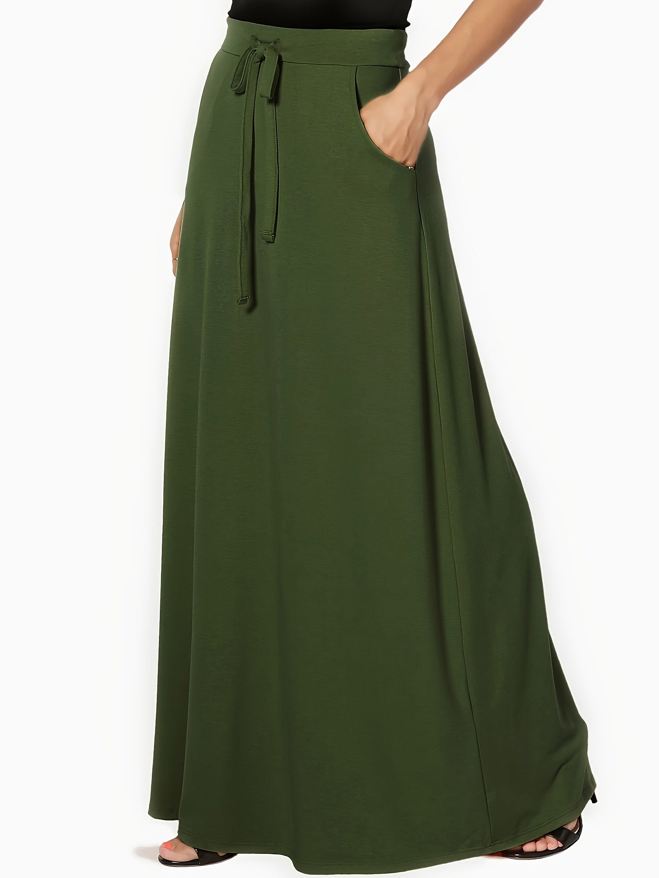 Women's Maxi Skirt Green Solid Color Elastic Waist Pockets Polyester