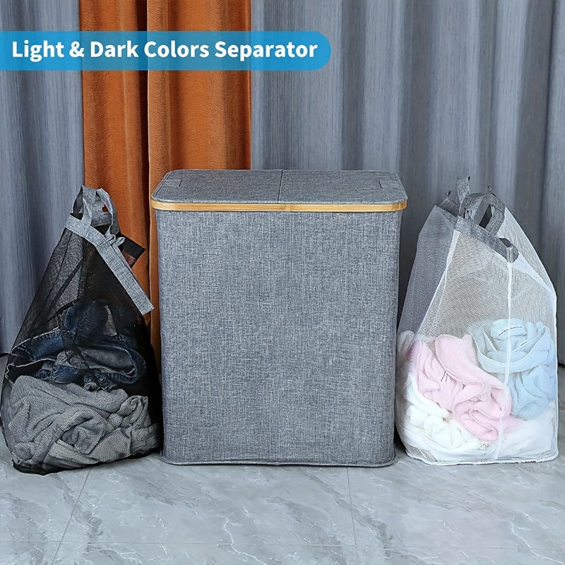 Large Double Layer Laundry Basket with Lid and Removable Washable Pockets for Bedroom Bathroom Dorm