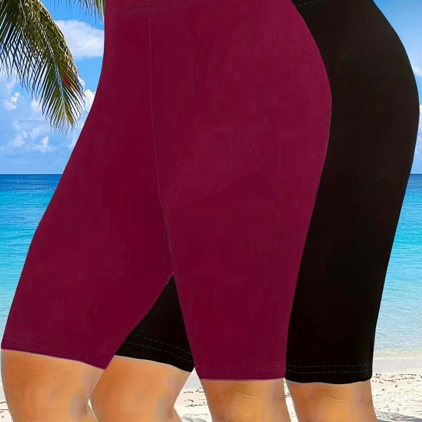 Women's Plus Size High-Waisted Stretch Athletic Shorts Solid Color Mid-Length Breathable