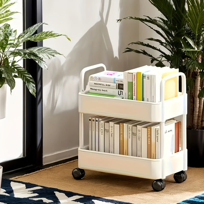 White Plastic 2-Tier Rolling Utility Cart with Hooks for Office Dorm Bathroom