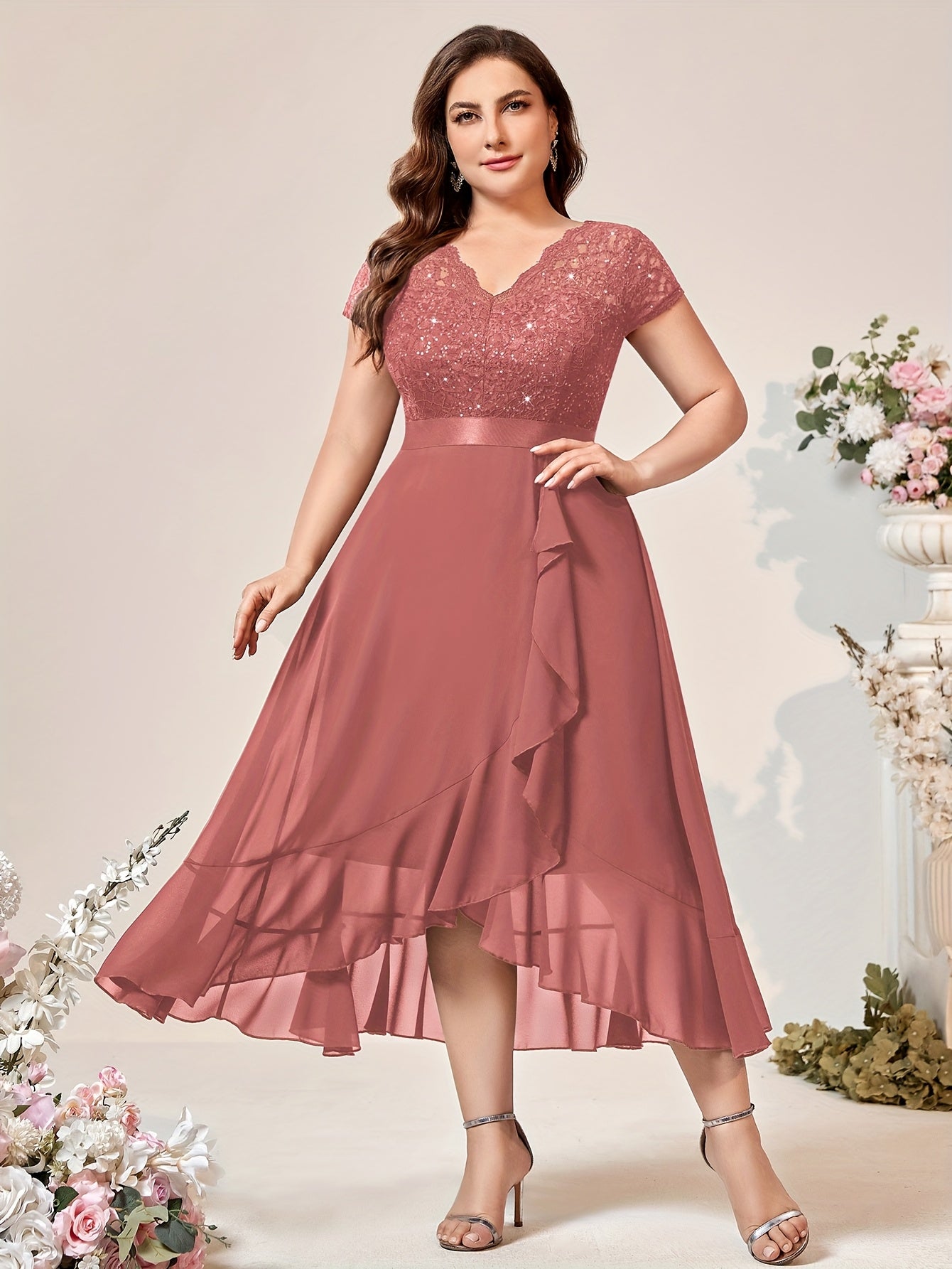 Plus Size Women's V-Neck Midi Dress with Lace and Ruffled Hem for Parties