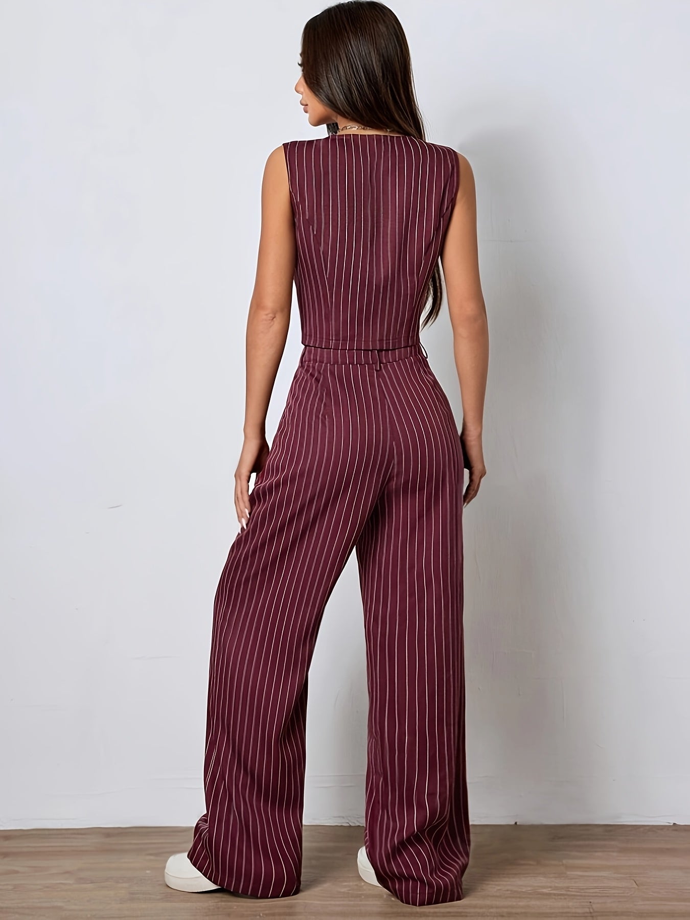 Women's Sleeveless Top and Pants Set Spring Autumn Stripes Polyester Micro Elasticity