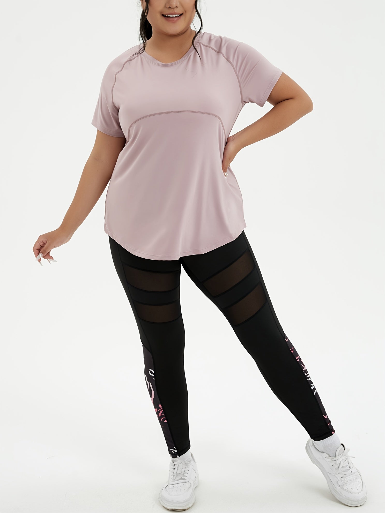 Plus Size Crew Neck T-Shirt with Ripped Polka Dot Knit Fabric