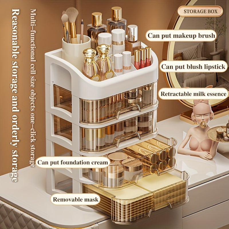 Go'zal plastik saqlash qutisi, makiyaj, zargarlik buyumlari va ish stoli buyumlari uchun tortmalar bilan. Suv o'tkazmaydigan va Rojdestvo, Sevgi kuni va Xitoy Yangi yili kabi bayramlarda sovg'a berish uchun mukammal.