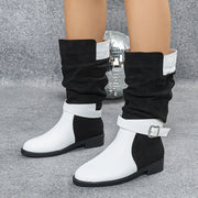 Women's Black White Color-Block Mid-Calf Boots with Heel & Buckle
