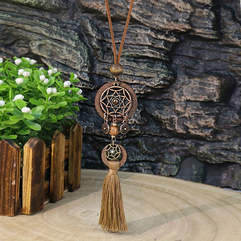 Women's Boho Pendant Necklace with Dark Brown Wooden Tassel and Zinc Alloy Material