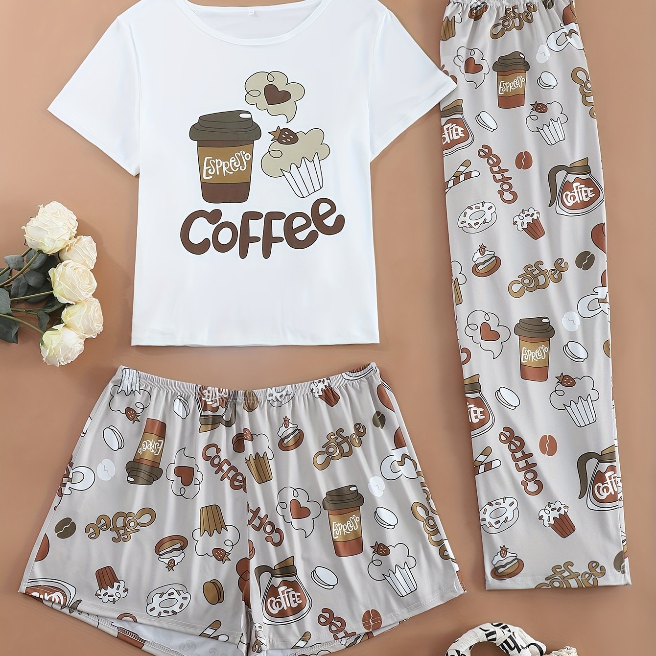 Plus Size Women’s Coffee Print Pajama Set Knit Polyester Elastane Sleepwear