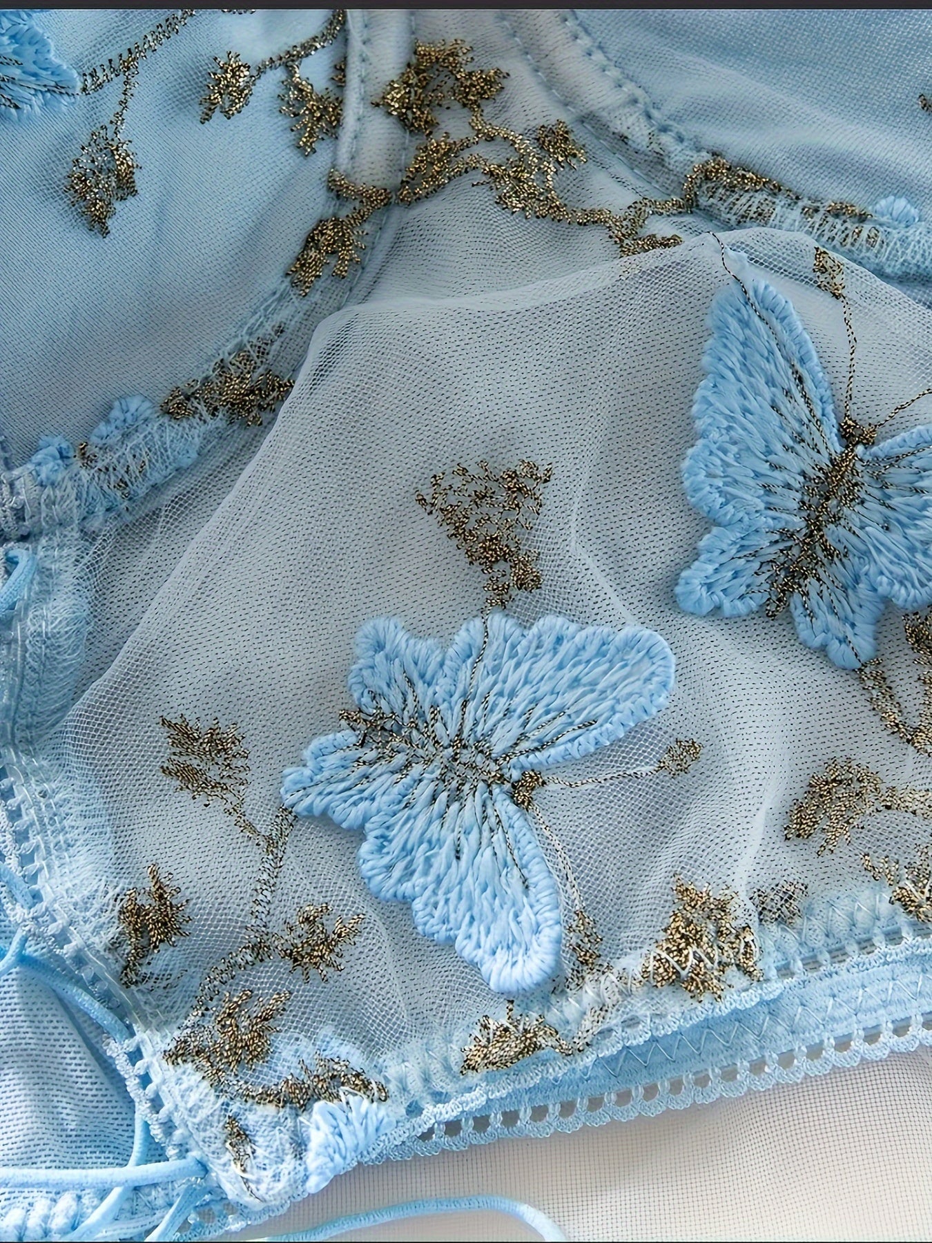 Women’s Sheer Mesh Embroidered Butterfly Bra Top with Steel Ring Detail