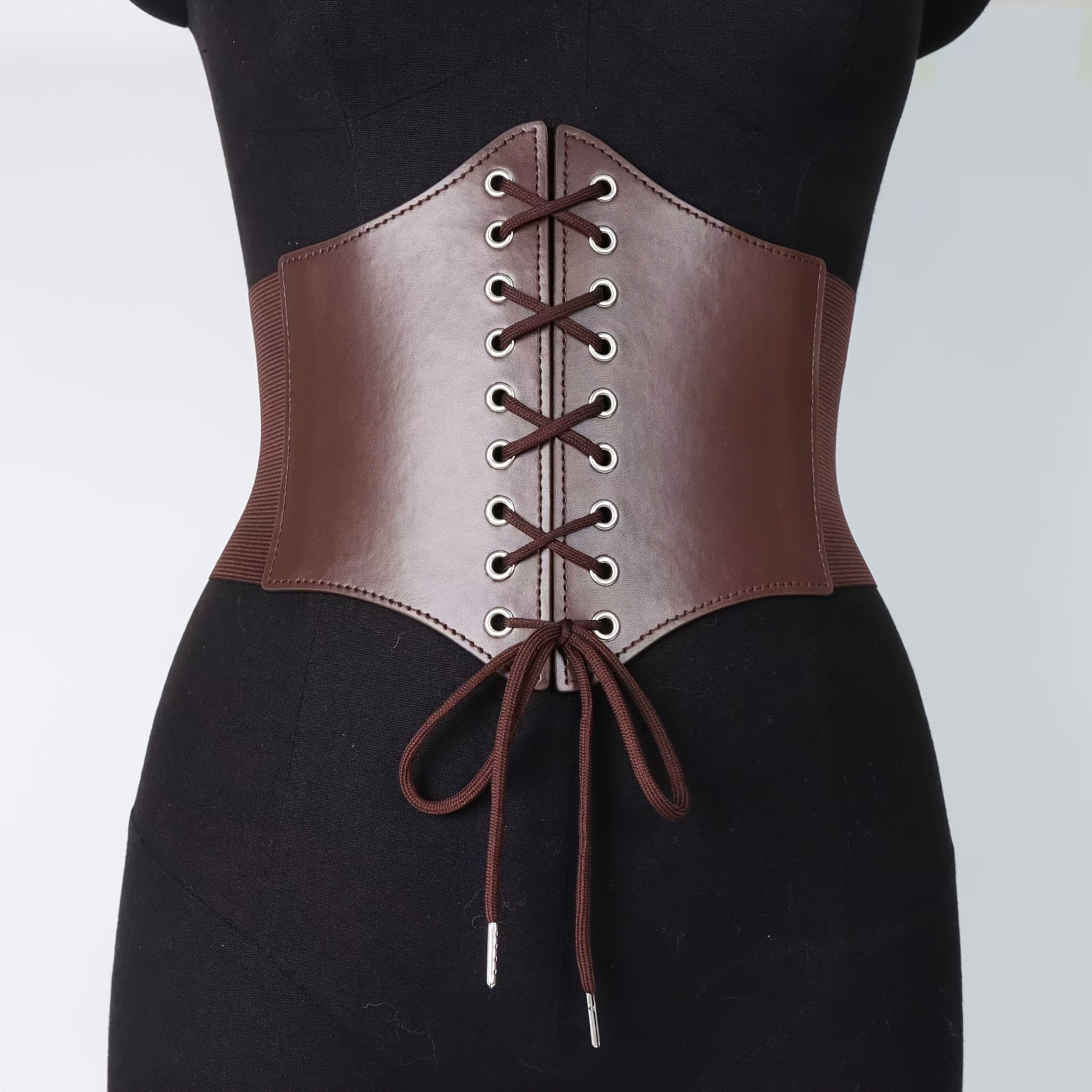 Women's Brown Lace-Up Corset Belt with Mesh Overlay and Zipper Closure for Dresses and Casual Wear