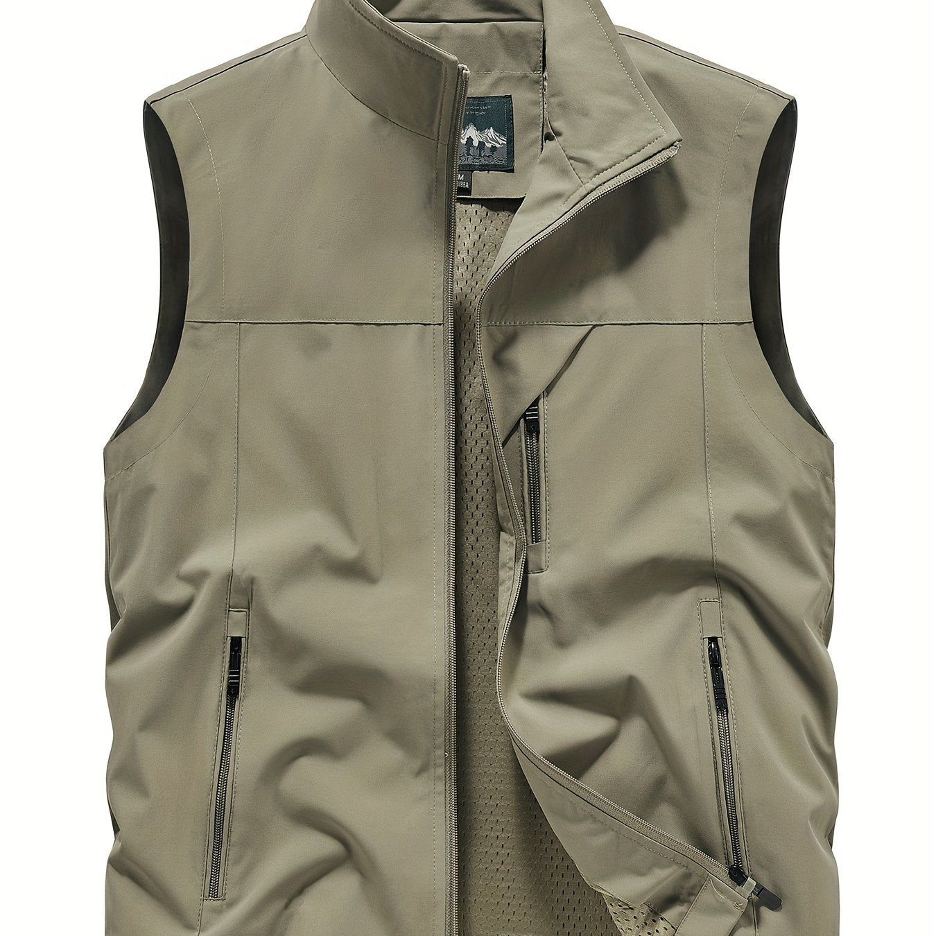 Men's Polyester Sleeveless Jacket with Zipper Pockets Stand Collar for Outdoor Activities