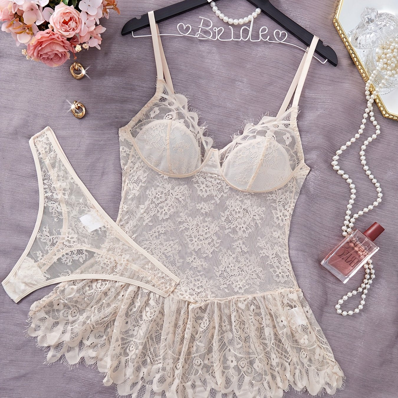 Women's Satin Sleepwear Set with Lace Trim and Adjustable Straps