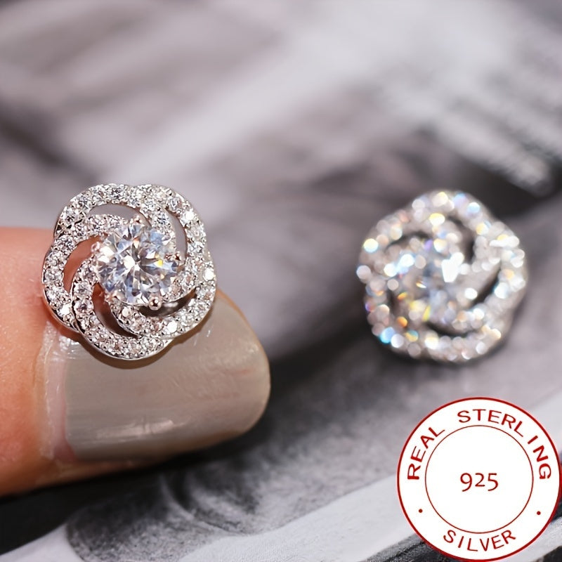 Sterling Silver Rose-Shaped Zirconia Stud Earrings for Women