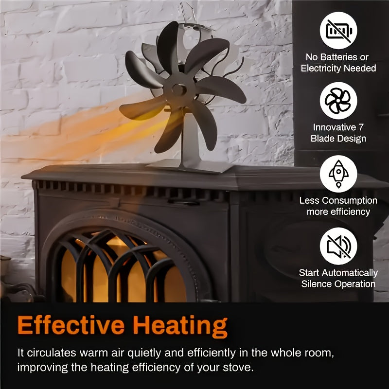 7 Blade Fireplace Fan Heat Powered, Rust-Resistant Metal, Silent, Easy Install