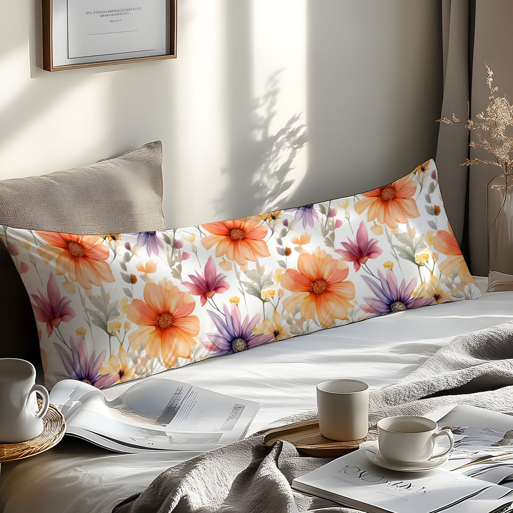 Orange Floral 3D Print Pillowcase Soft Skin-Friendly Fabric Machine Washable Envelope Closure Bedroom Guest Room Hotel