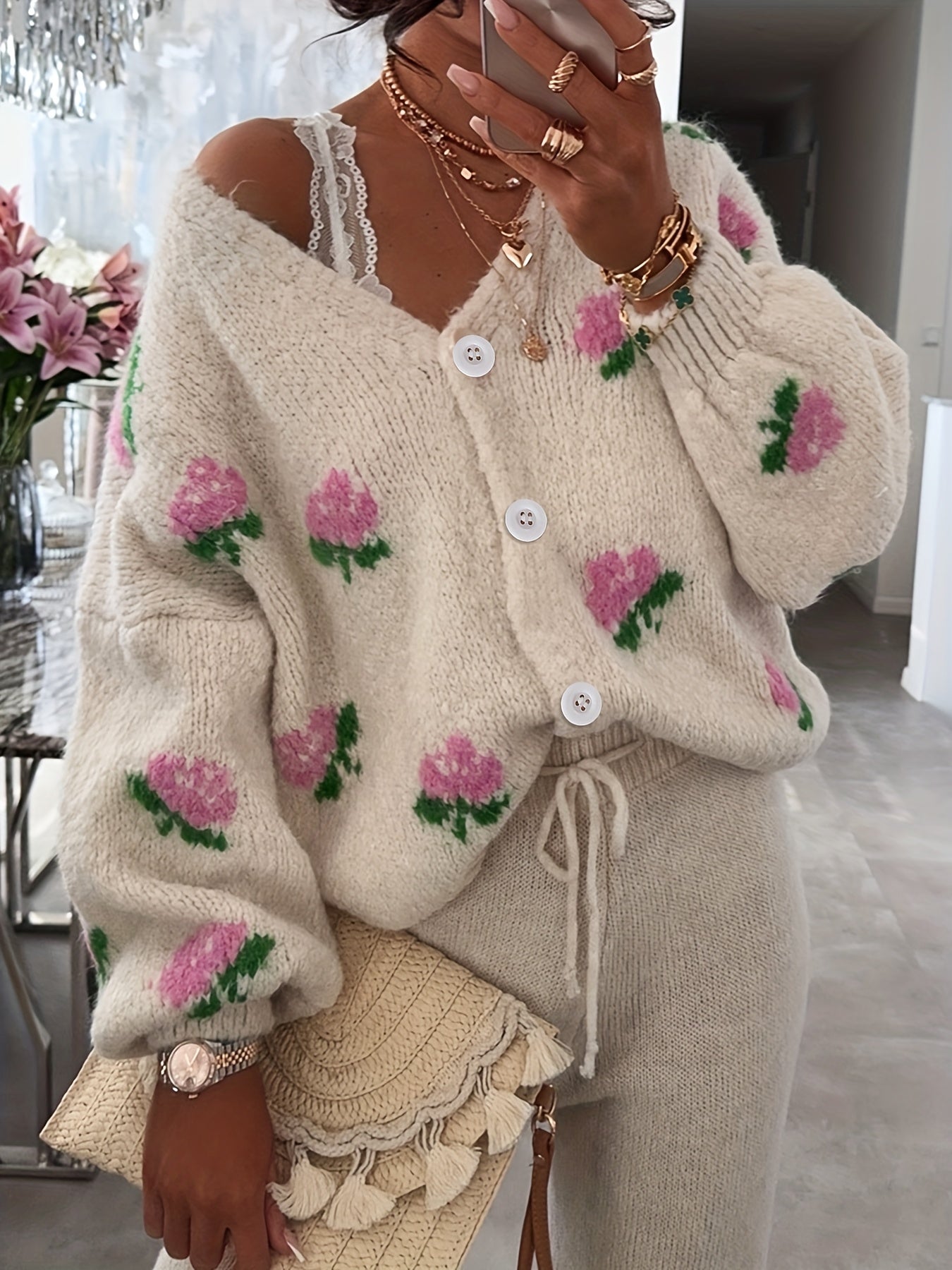 Plus Size Women's Open Front Cardigan Sweater with Fruit Pattern All-Season Layering