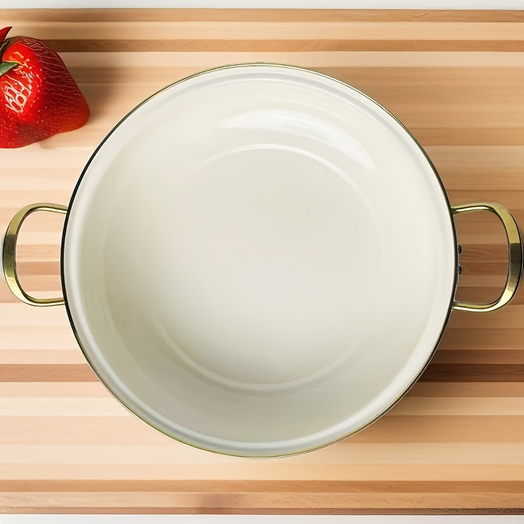 Vintage Enamel Stockpot 30cm Shallow Soup Pot with Lid Handle Induction Compatible