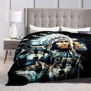 Retro Indian and Wolf Pattern Printed Blanket with Flange Soft Warm Fabric for Sofa Bed Camping