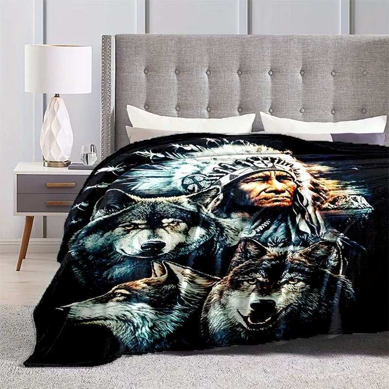 Retro Indian and Wolf Pattern Printed Blanket with Flange Soft Warm Fabric for Sofa Bed Camping