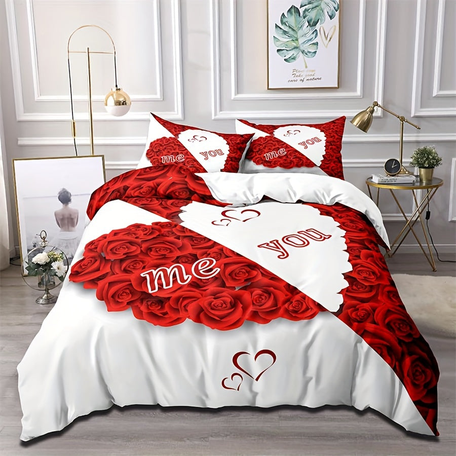 Red Rose Duvet Cover Set with 2 Pillowcases All-Season Polyester Zipper Closure