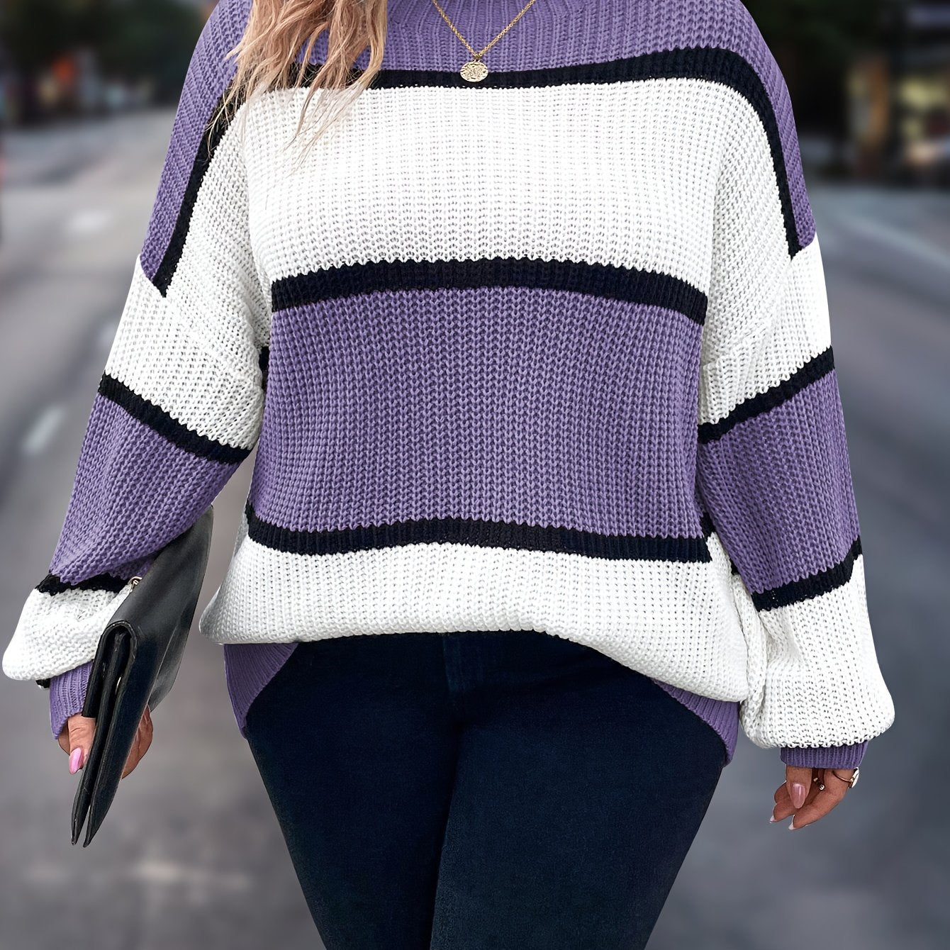 Plus Size Women's Striped Knit Sweater Long Sleeve Mock Neck Fall Winter