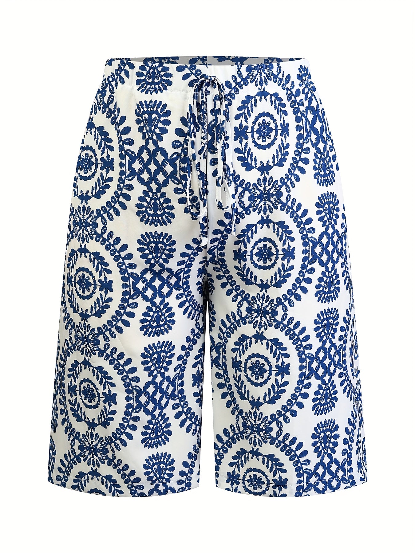 Women's Plus Size Blue White Mandala Print Bermuda Shorts Lightweight Polyester Casual Beachwear