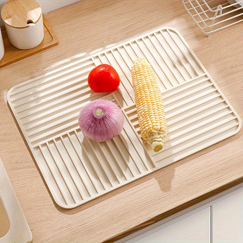 Estera de silicona beige para secar platos con relieves elevados, plegable, resistente al calor, absorbente y organizador de cocina