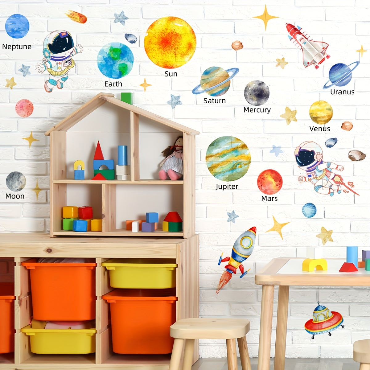 Space Themed Wall Decals Set with Astronauts Stars UFOs Planets and Spaceships 160x80cm