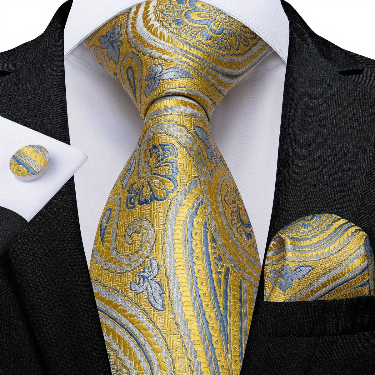 Men's Blue and Yellow Striped Tie Set with Cufflinks and Handkerchief for Business and Gift