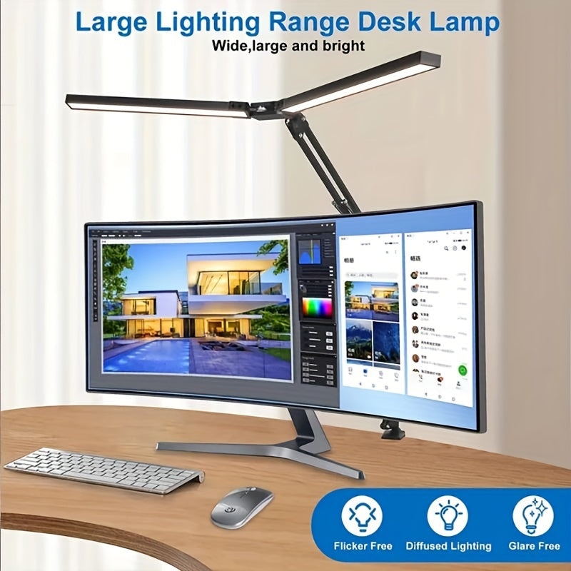 Ultra Wide Double Head LED Desk Lamp Clamp Swing Arm Dimmable USB Powered Black