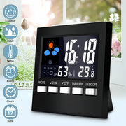 Digital Weather Station Indoor Temperature Humidity LCD Alarm Clock Calendar Voice Control Battery Powered