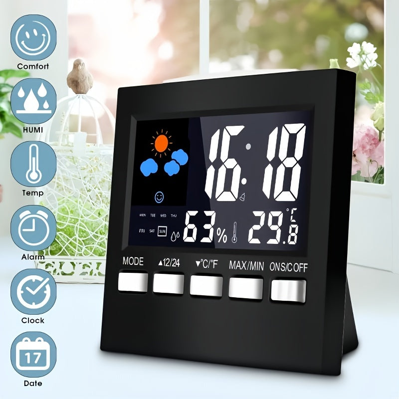 Digital Weather Station Indoor Temperature Humidity LCD Alarm Clock Calendar Voice Control Battery Powered