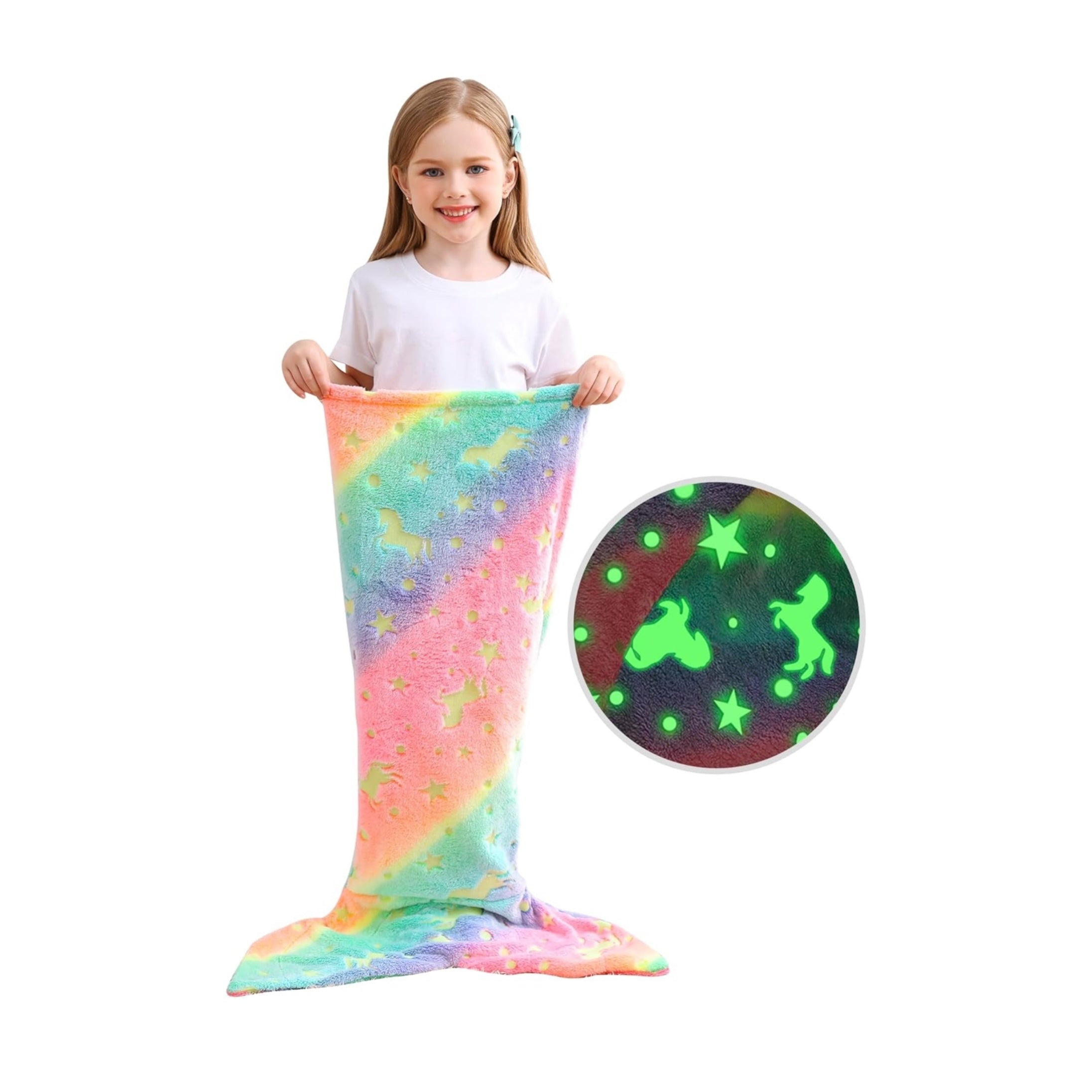 Kids Girls Rainbow Unicorn Mermaid Tail Blanket Flannel Glow-in-the-Dark Cozy