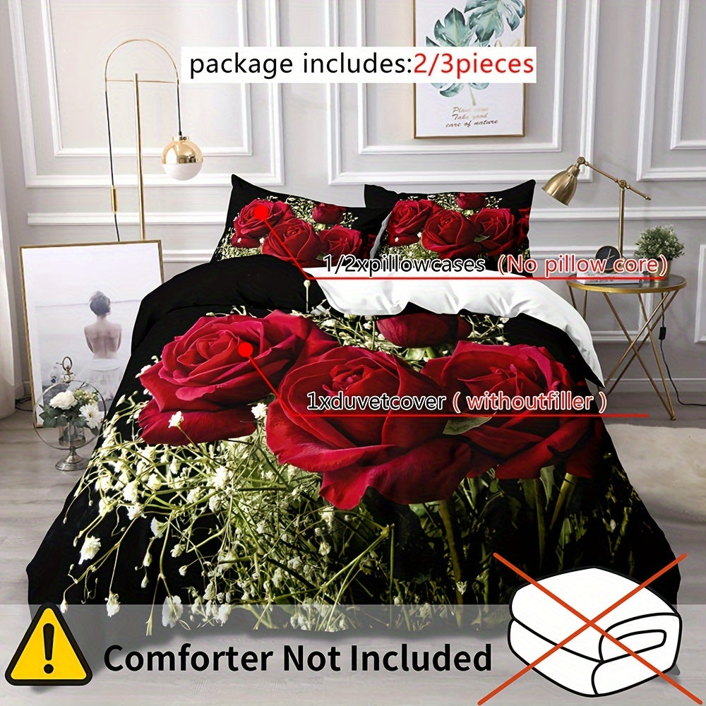 Imitation Rose Print Duvet Cover Set with Pillowcases for Bedroom or Guest Room