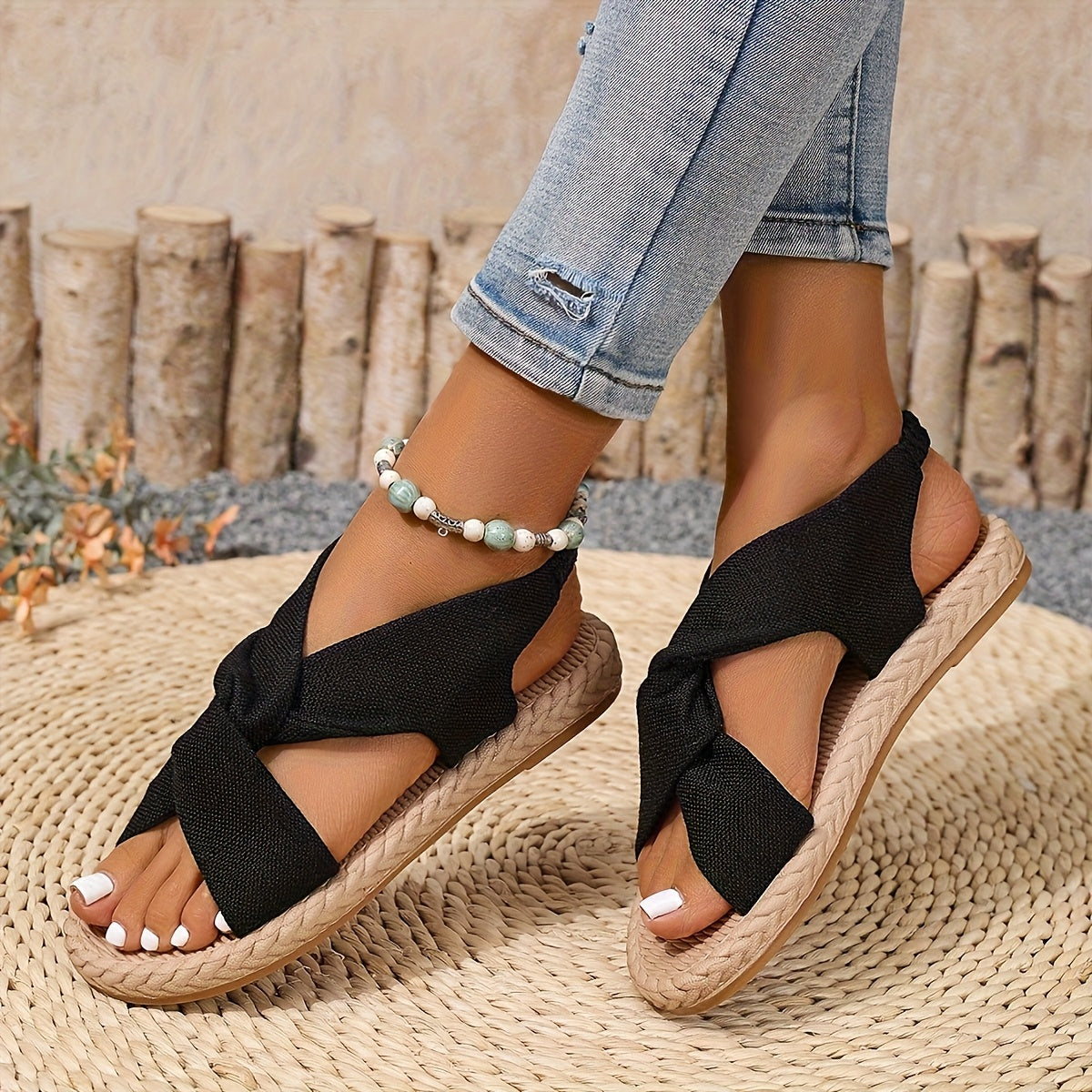 Women's Flat Sandals with Adjustable Elastic Straps Open Toe Casual Shoes