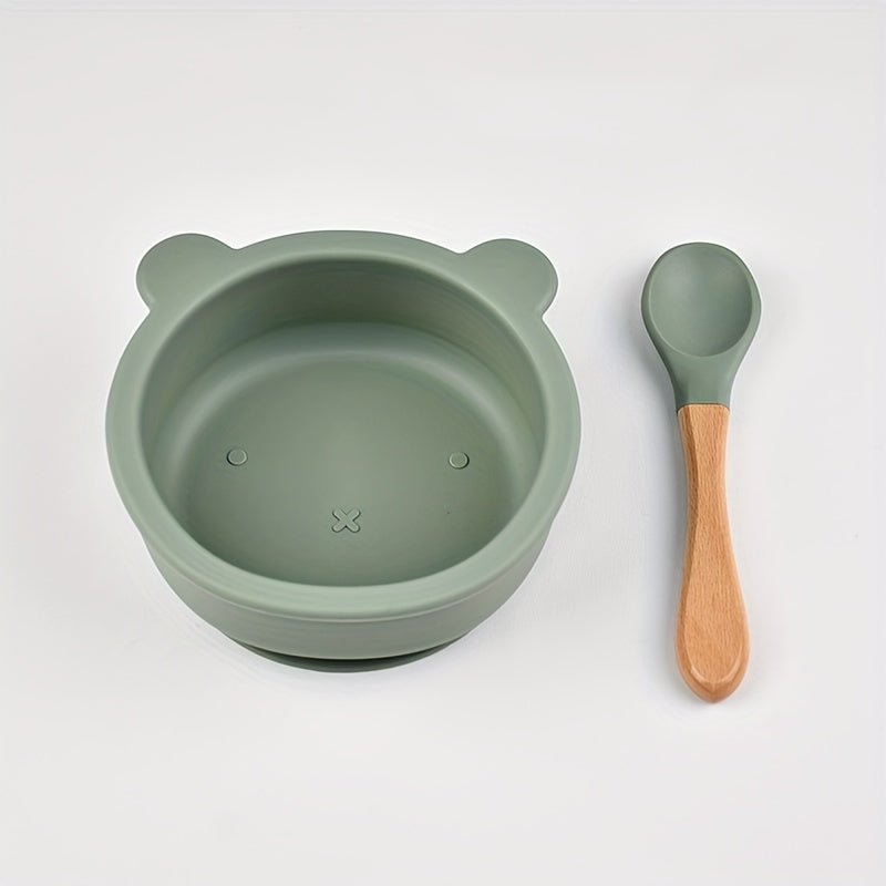 Set de alimentación para bebé, cuenco de silicona con succión, mango de madera y cuchara, libre de BPA